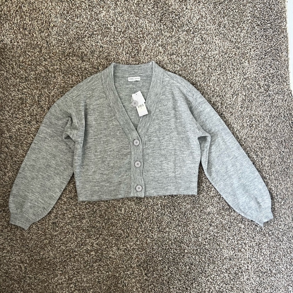 Kendall & Kylie Fuzzy Academia Gray Cropped Cardigan Sweater